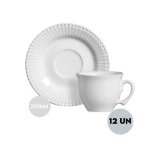Jogo 12 Xícaras de Chá com Pires Frisada 200mL Branca Scalla