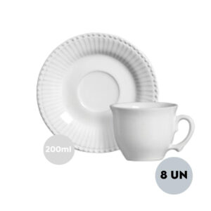 Jogo 8 Xícaras de Chá com Pires Frisada 200mL Branca Scalla