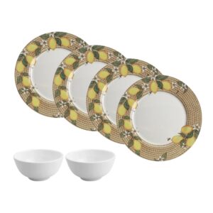 Jogo 4 Pratos Rasos Limão Positano Cerâmica 2ª Linha e 1 Bowl Branco Porcelana Lyor