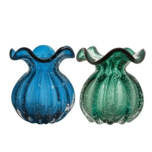 Kit 2 Vaso Vidro Murano Trouxinha Flor Plantas Arranjos Azul e Verde Esmeralda 10x11cm