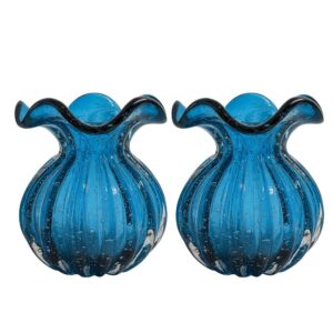 Kit 2 Vaso de Vidro Murano Flor Plantas Arranjos Azul Trouxinha 10x11cm Lemis