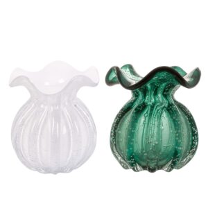 Kit 2 Vaso Vidro Murano Trouxinha Flor Plantas Arranjos Branco Leitoso e Verde 10x11cm