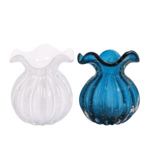 Kit 2 Vaso Vidro Murano Trouxinha Flor Plantas Arranjos Branco Leitoso e Azul 10x11cm
