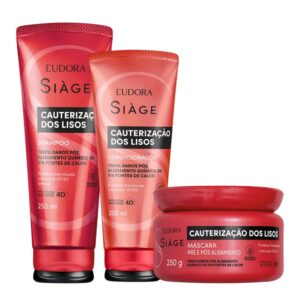 Kit Shampoo Condicionador e Máscara Reconstrução Cauterização dos Lisos Reparação Eudora Siàge