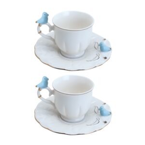 Jogo 2 Xícara de Café Porcelana Birds Azul e Branca Fio Dourado Pássaro com Pires 100ml Wolff