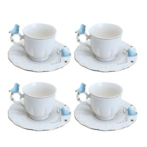 Jogo 4 Xícara de Café Porcelana Birds Azul e Branca Fio Dourado Pássaro com Pires 100ml Wolff