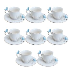Jogo 8 Xícara de Café Porcelana Birds Azul e Branca Fio Dourado Pássaro com Pires 100ml Wolff