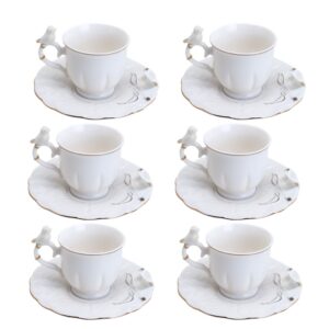 Jogo 6 Xícara de Café Porcelana Birds Branca Fio Dourado Pássaro com Pires 100ml Wolff