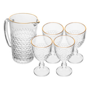 Jogo de Taças com Jarra Coração 5 Peças Borda Dourada Fio Dourado Vidro Transparente 1L 320ml Lyor