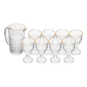 Jogo de Taças com Jarra Coração 9 Peças Borda Dourada Fio Dourado Vidro Transparente 1L 320ml Lyor