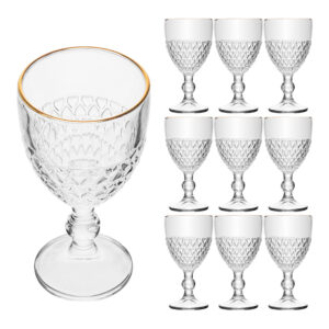 Jogo 10 Taça com Borda Dourada Coração Vidro Cor Transparente Fio de Ouro para Água 320ml Lyor