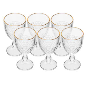 Jogo 6 Taça com Borda Dourada Coração Vidro Cor Transparente Fio de Ouro para Água 320ml Lyor