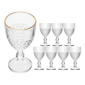 Jogo 8 Taça com Borda Dourada Coração Vidro Cor Transparente Fio de Ouro para Água 320ml Lyor
