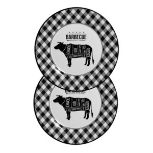 Jogo 2 Pratos Raso Barbecue Preto e Branco Cerâmica Alleanza 29cm
