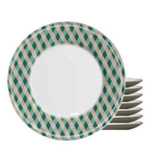 Jogo 8 Pratos Raso Joy Natalino Natal Xadrez Verde e Branco em Cerâmica Alleanza