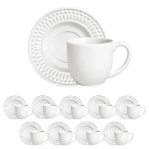 Jogo 10 Xícara de Café com Pires de Cerâmica Branca Porto Brasil 72ml Roma