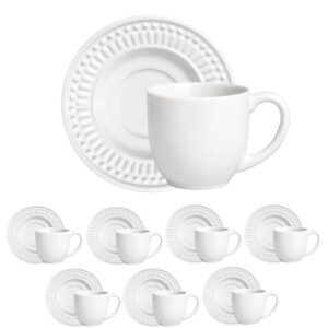 Jogo 8 Xícara de Café com Pires de Cerâmica Branca Porto Brasil 72ml Roma