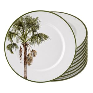Jogo 10 Prato Raso de Cerâmica Branco Tropical Malibu Coqueiro Palm 29cm Alleanza