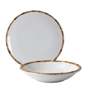 Jogo 2 Prato Branco Fundo de Sobremesa de Cerâmica Borda de Bambu Scalla 20cm
