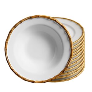 Jogo 10 Prato Fundo de Cerâmica Branco Borda de Bambu Grossa Flat Scalla 22cm