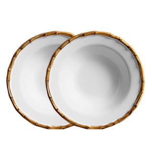 Jogo 2 Prato Fundo de Cerâmica Branco Borda de Bambu Grossa Flat Scalla 22cm