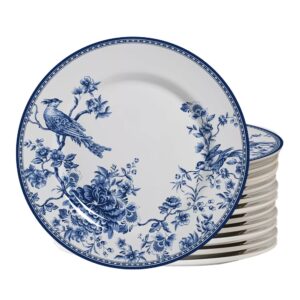 Jogo 12 Pratos Raso Cerâmica Chinese Garden Plus Branco e Azul Pássaros Alleanza 29cm