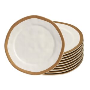 Jogo 10 Prato Raso de Cerâmica Amassada Bege Com Filet Dourado Gold Scalla 27cm