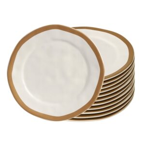 Jogo 12 Prato Raso de Cerâmica Amassada Bege Com Filet Dourado Gold Scalla 27cm