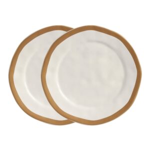 Jogo 2 Prato Raso de Cerâmica Amassada Bege Com Filet Dourado Gold Scalla 27cm