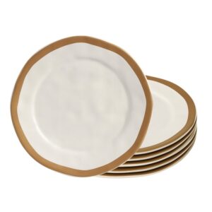 Jogo 6 Prato Raso de Cerâmica Amassada Bege Com Filet Dourado Gold Scalla 27cm