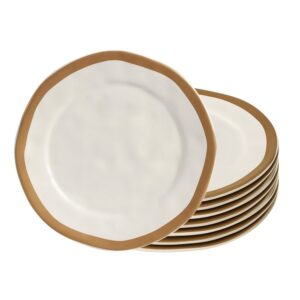 Jogo  8 Prato Raso de Cerâmica Amassada Bege Com Filet Dourado Gold Scalla 27cm