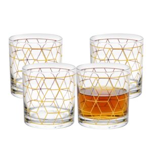 Jogo 4 Copo de Whisky Vidro Baixo para Drink Whiskey Uisque Detalhe Dourado Cube 320ml Wolff