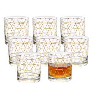Jogo 8 Copo de Whisky Vidro Baixo para Drink Whiskey Uisque Detalhe Dourado Cube 320ml Wolff