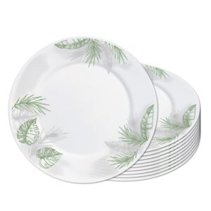 Jogo 10 Prato Raso Opaline de Vidro Branco com Folhas Jungle Leitoso 26cm Haüskraft