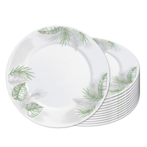 Jogo 12 Prato Raso Opaline de Vidro Branco com Folhas Jungle Leitoso 26cm Haüskraft