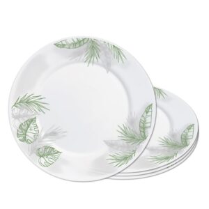 Jogo 4 Prato Raso Opaline de Vidro Branco com Folhas Jungle Leitoso 26cm Haüskraft
