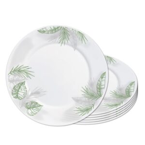 Jogo 6 Prato Raso Opaline de Vidro Branco com Folhas Jungle Leitoso 26cm Haüskraft