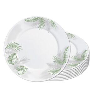 Jogo 8 Prato Raso Opaline de Vidro Branco com Folhas Jungle Leitoso 26cm Haüskraft