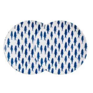 Jogo 2 Prato Sobremesa Cerâmica Branco Azul Peixes Moderno Mesa Posta Chosen Em Casa Tem 20cm