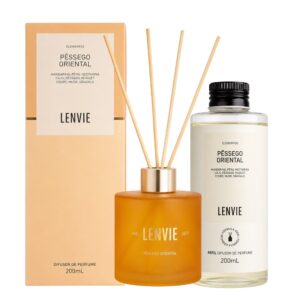 Kit Difusor de Perfume e Refil Pêssego Oriental Elementos Aromatizador Varetas Lenvie 200ml