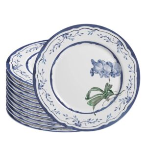 Jogo 12 Prato Raso de Cerâmica Branco e Azul Valência 29cm Alleanza Mesa Posta